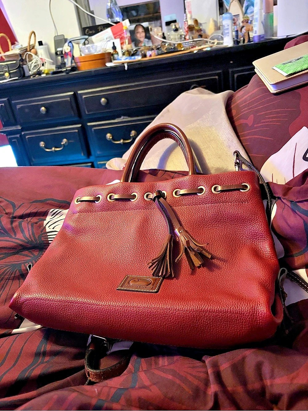 Dooney & Bourke Pebble Grain Tassel Tote Red Shoulder Bag